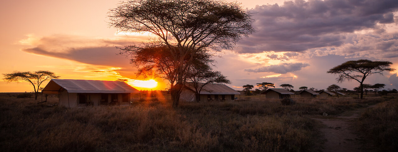 Blick auf die Mawe Tented Camp Zelte in Weitaufnahme mit Sonnenuntergang