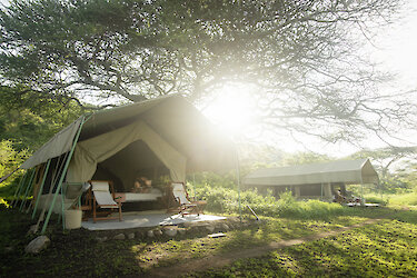 Eingang zum Esirai Camp Zelt im Serengeti-Nationalpark in Weitaufnahme