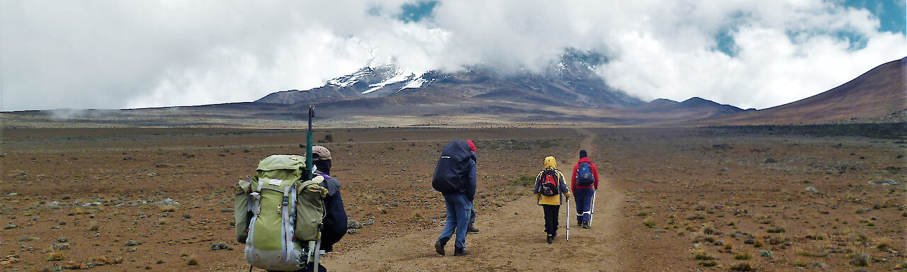 Wanderer mit Rucksäcken auf der Route zum Kilimandscharo