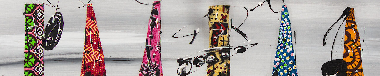 Zeichnung mit Figuren aus bunten Stoffen, die musizieren