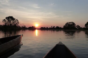 Sonnenuntergang im Okavango-Delta Mokoro Bootstour