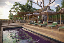 Savute Safari Lodge Pool mit Liegestühlen und Sonnenschirmen
