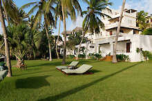 Peponi Hotel Garten mit Palmen und Sonnenliegen