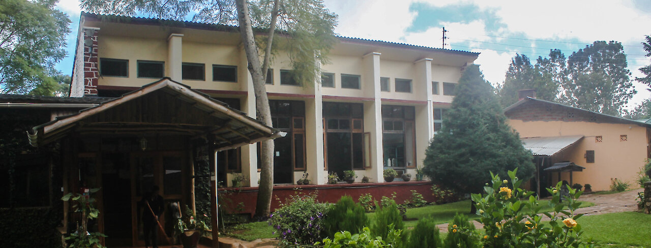 Haupteingang zum Lawns Hotel mit grüner Wiese und Blumen