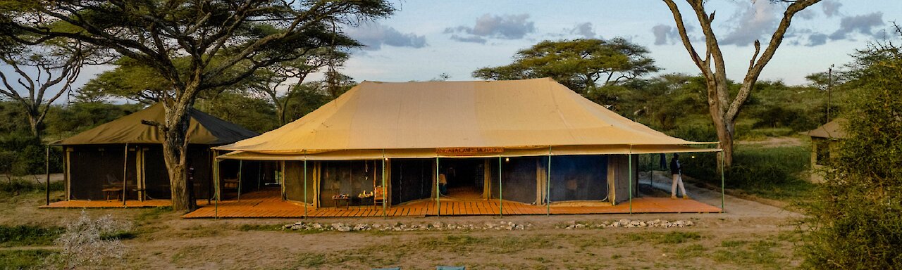 Ausblick auf Zelt und Lagerfeuer im Ang’ata Migration - Ndutu Camp und in Weitsicht