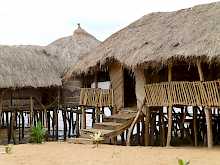 Außenbereich der Eco Benin Lodge Possotome mit Strohdach
